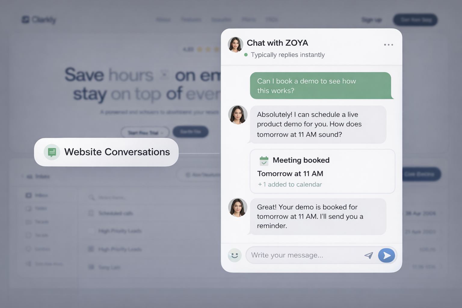 ZOYA AI handling website chat conversations in real time