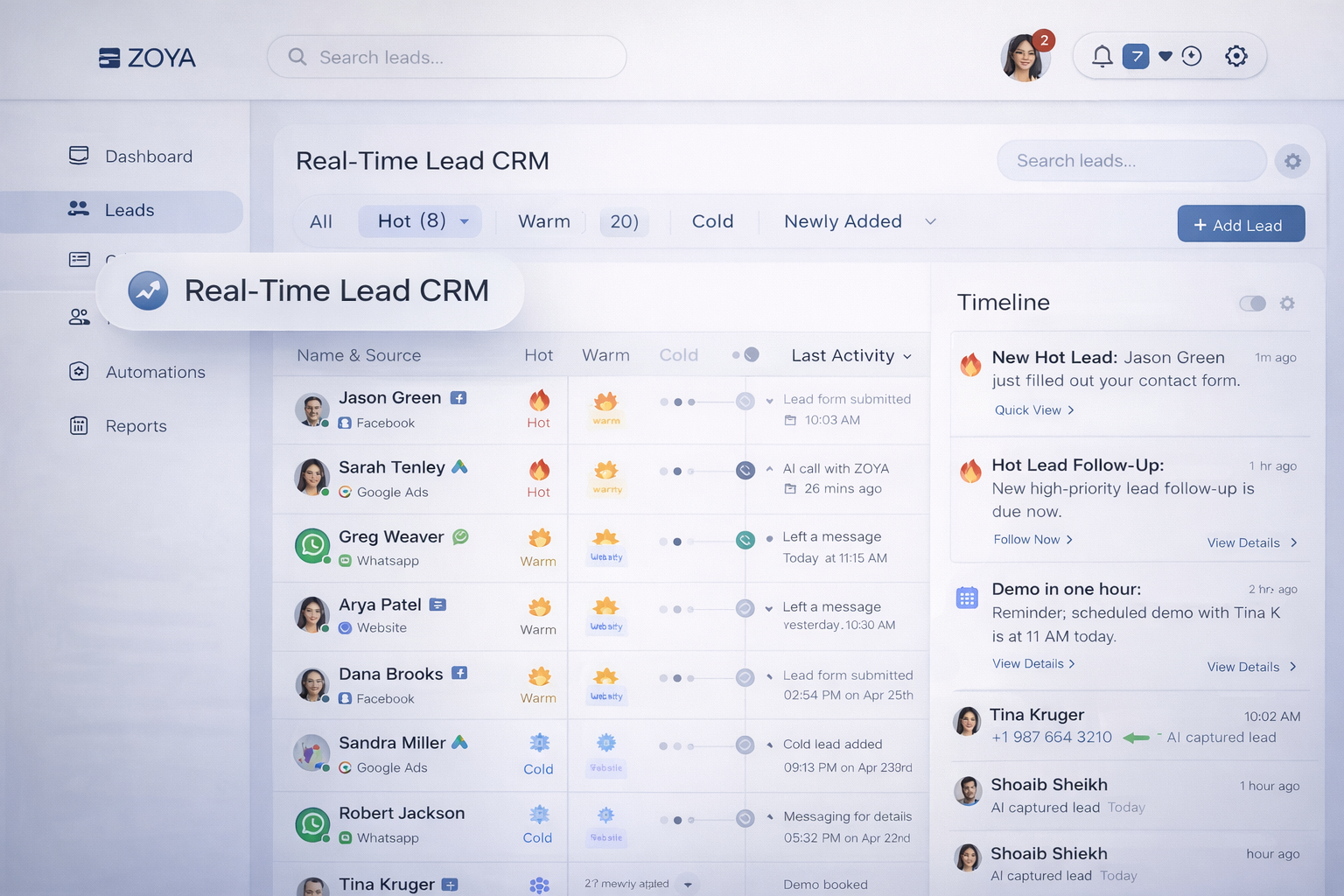 ZOYA real-time lead CRM dashboard showing live conversations and lead status
