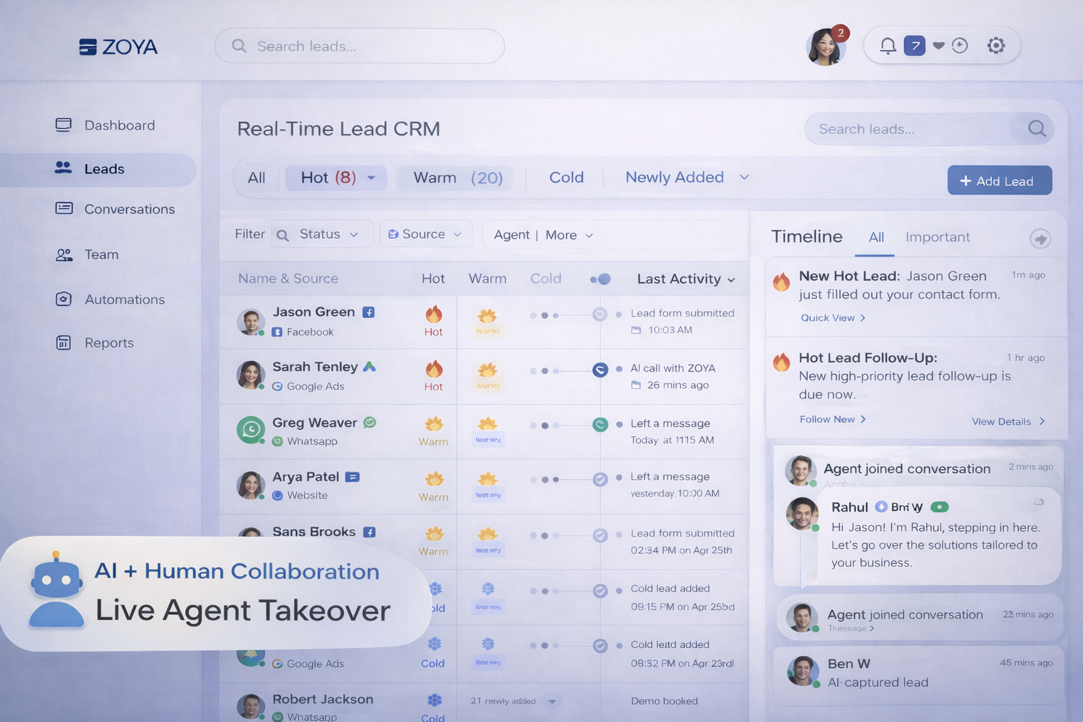 ZOYA real-time lead CRM dashboard showing live conversations and lead status