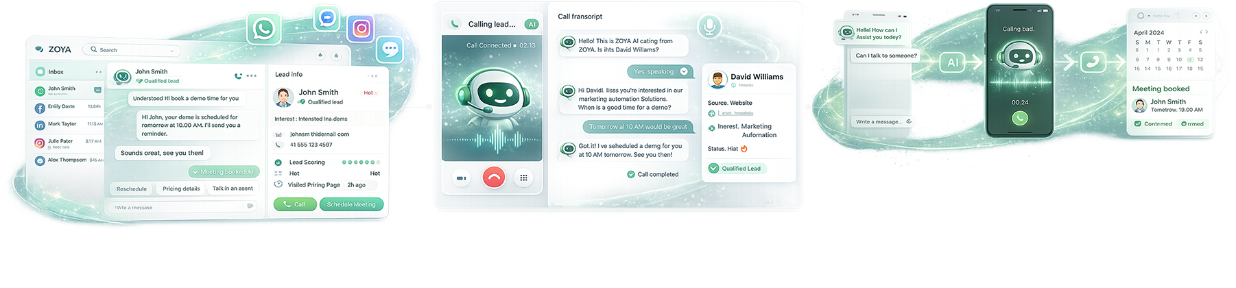 ZOYA chatbot and call AI interface across website, WhatsApp, and social platforms